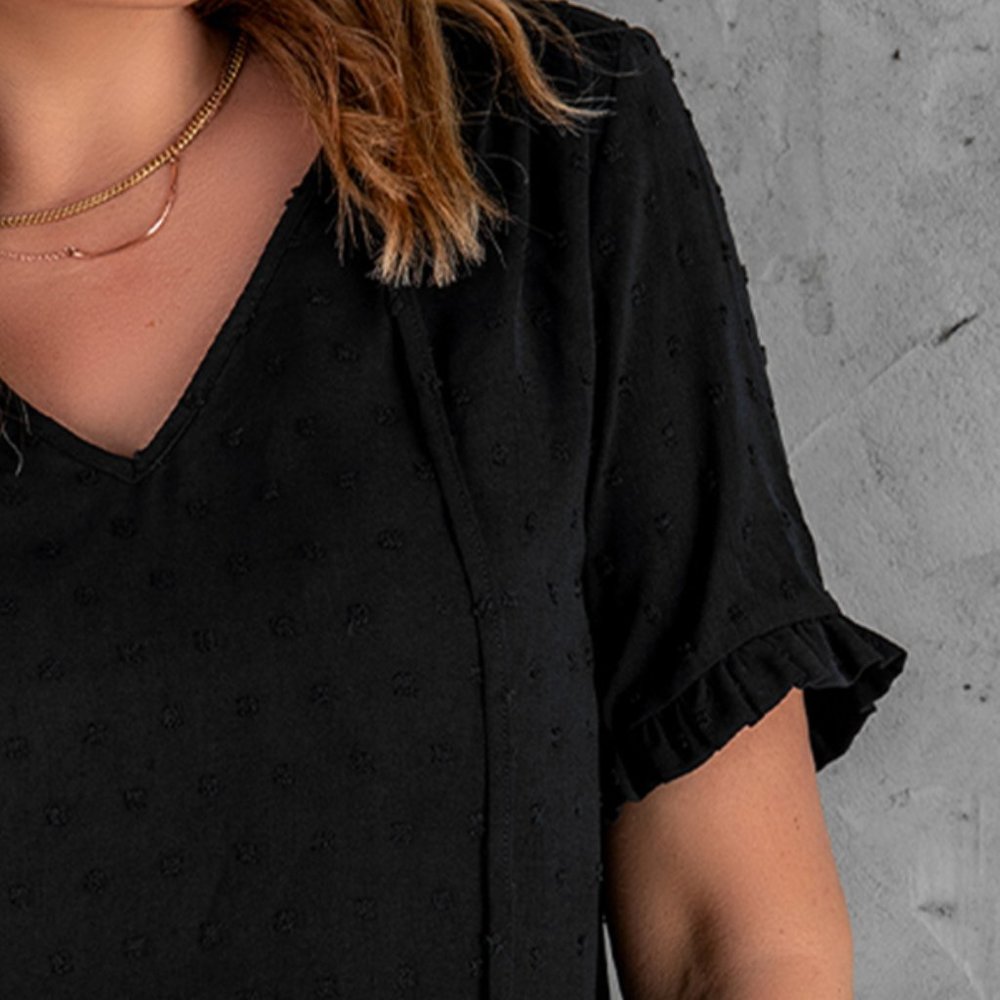 Black Swiss Dot Short Sleeve V Neck Top - Picture 4 of 5